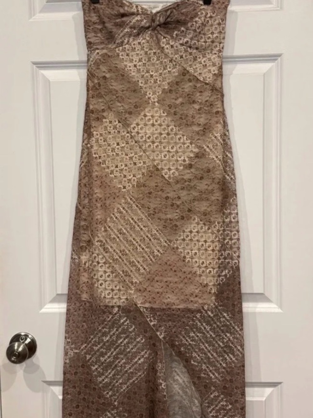 Altar’d State Strapless Patchwork Lace Maxi Skirt in Taupe